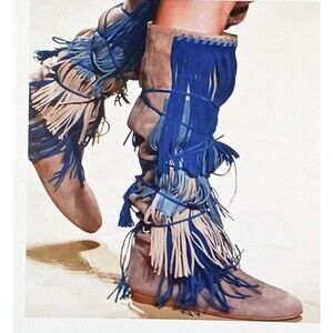 Tall Brown/Blue Fringed Suede Boots Wrap Ties Flat Heel EU 40 US 9 Festival Boho